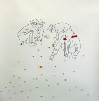 Today, in Tiananmen Square, it is forbidden to chew gum and even more to spit it out on the ground. On this drawing, three soldiers are bending over to remove the sticking gum from the floor. The observer is invited to glue his gum on the drawing. This act performed by the visitor is one of resistance.